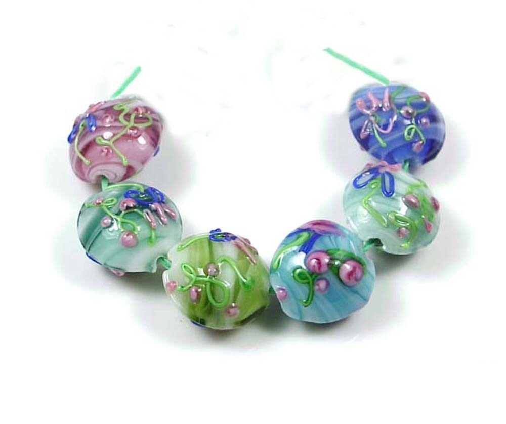6 Handmade Lampwork Glass “Spunky Garden” Lentil Coin beads 16mm