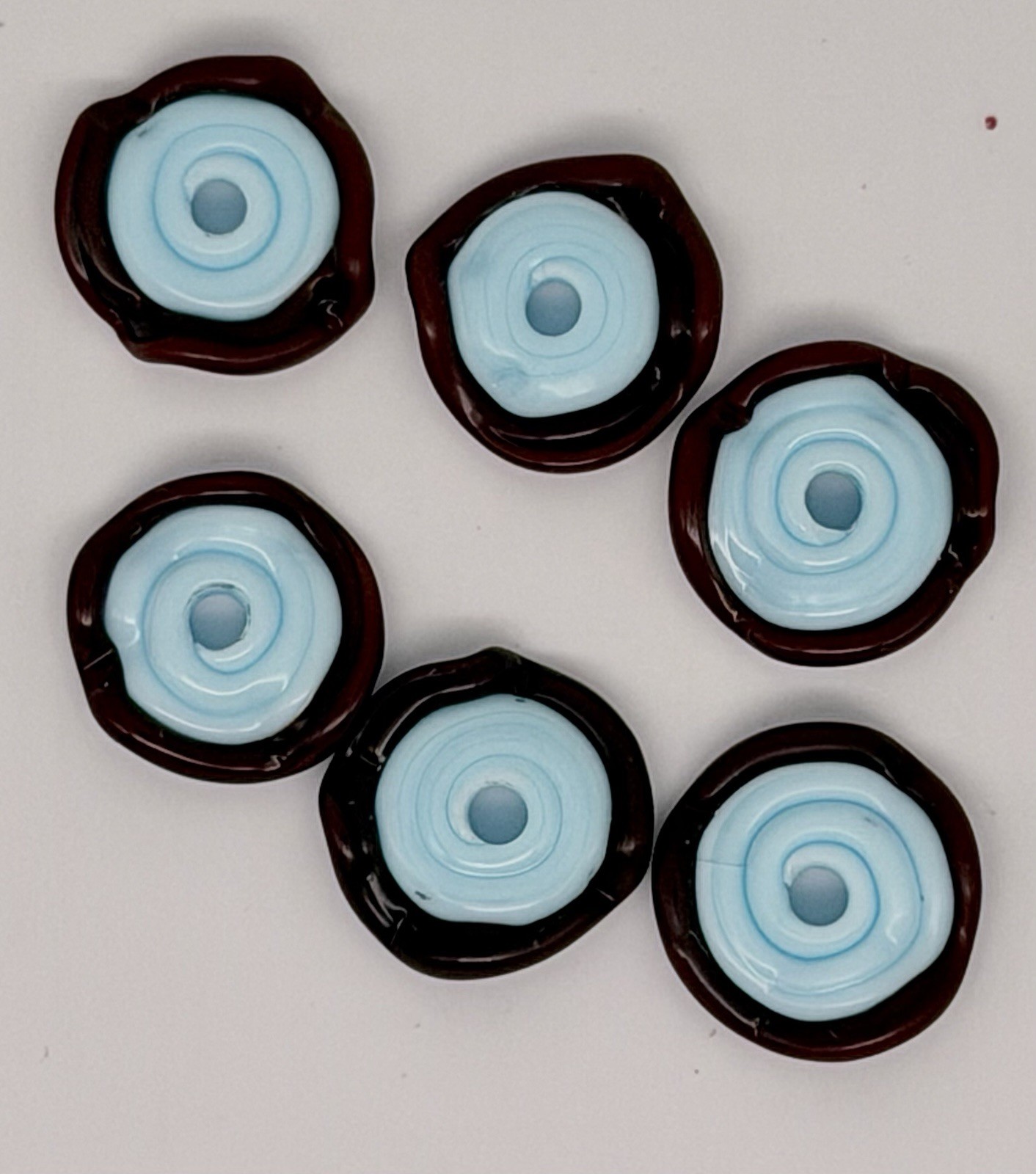 Lot Of 6 Handmade Artisan Lampwork Disc Beads Approx 15mm Brown & Light Blue