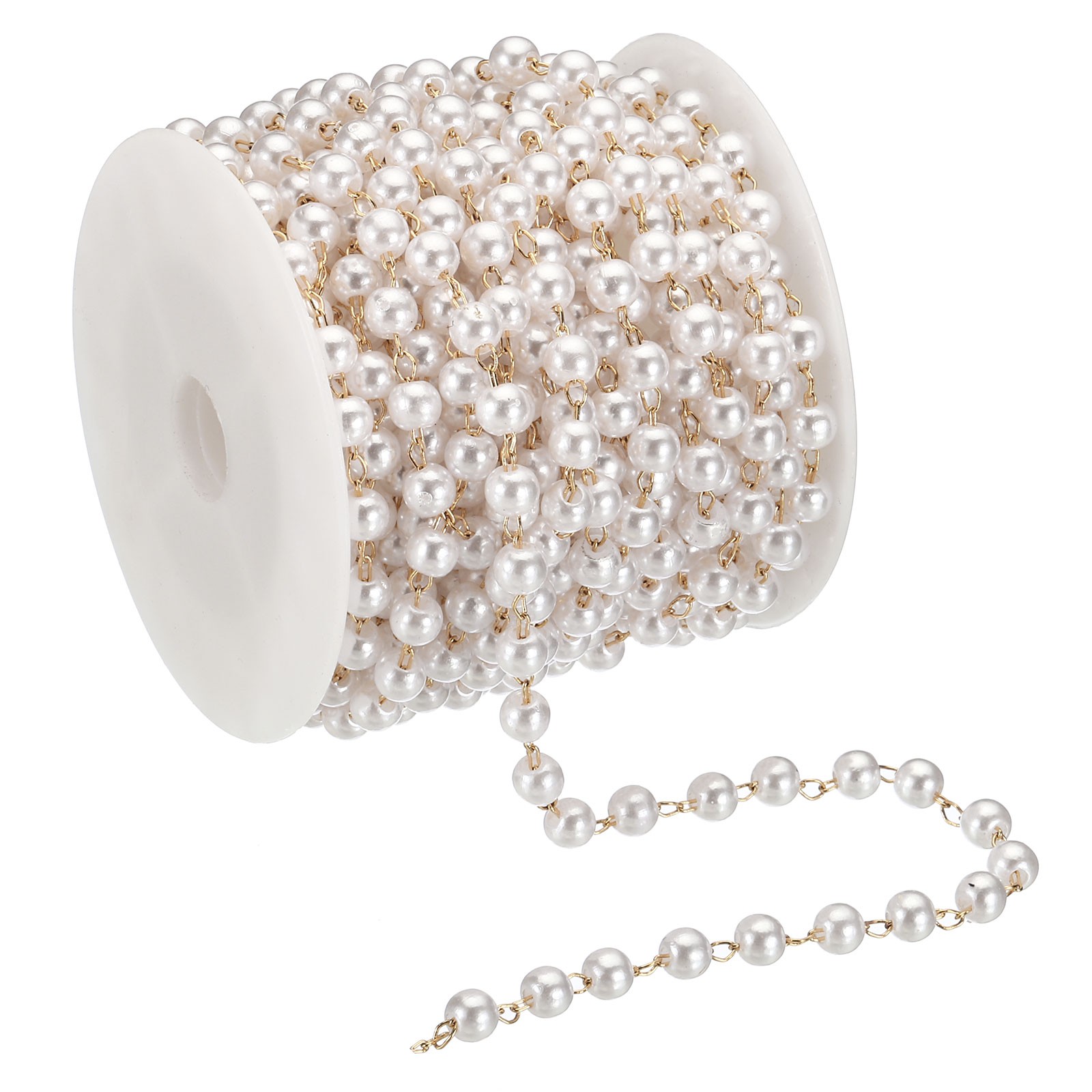 16 Feet Faux Pearl Beading Chain, 5mm Brass Chain Link Style 1, Golden