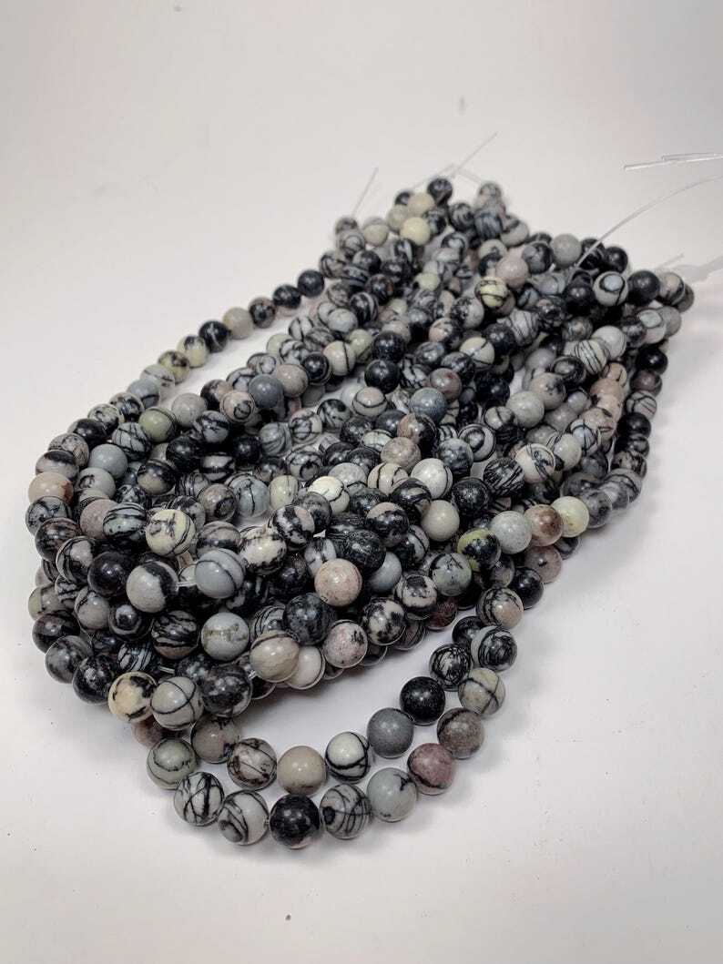 Natural Black Spider Web Stripes Jasper Smooth Round Beads 15.5″ Strand Gemstone