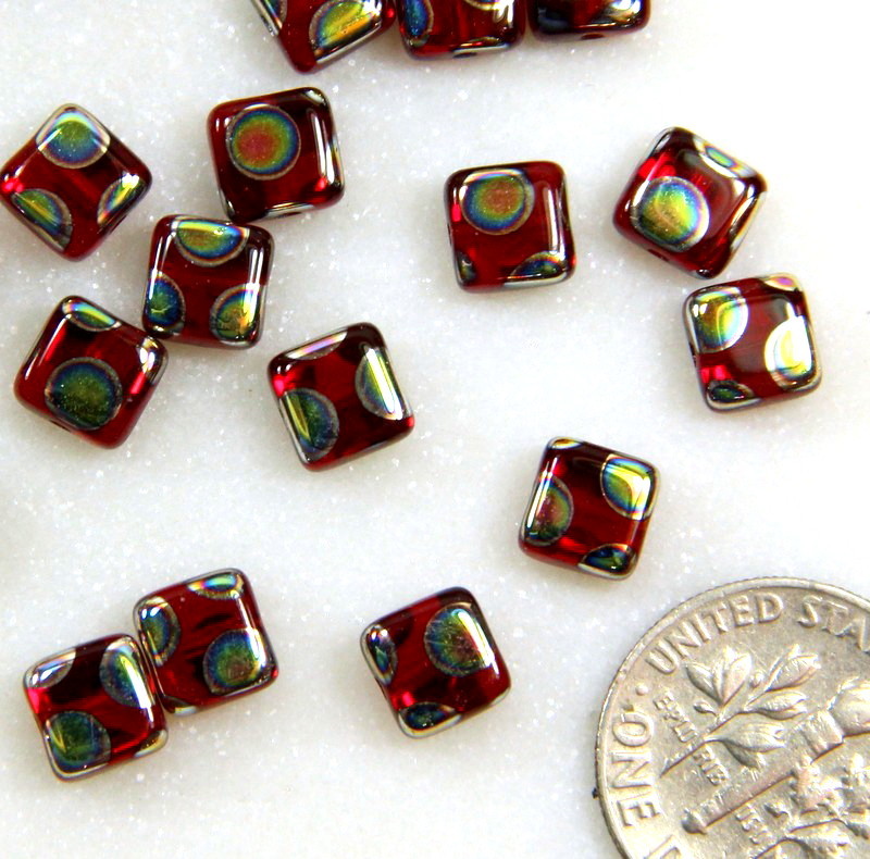 Flat Square Beads, 6x6mm, Red w/Peacock Finish, Preciosa Czech Beads, 20 Bead