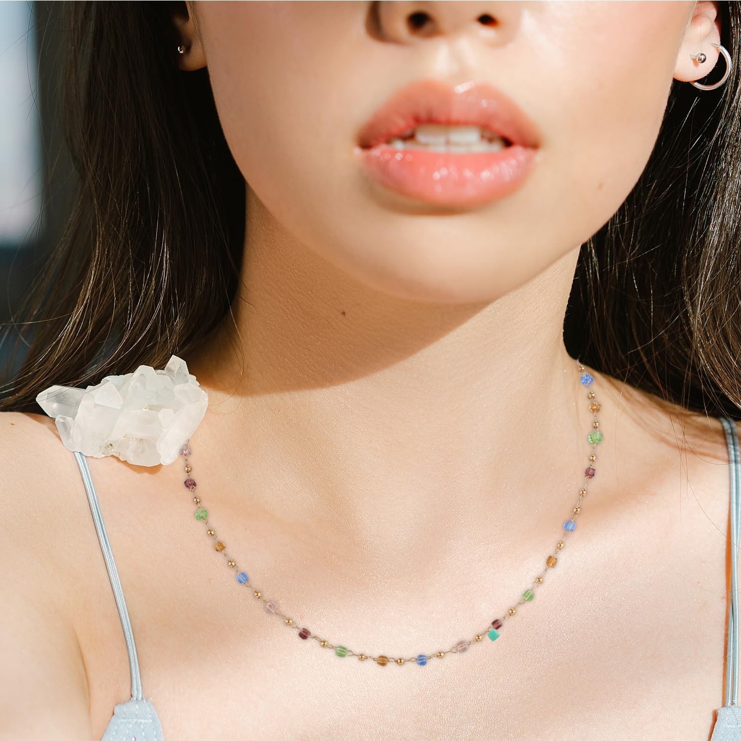 Multicolor Square Cubic Crystal Beaded Necklace, 38cm, Adult Women’s Coastal Str
