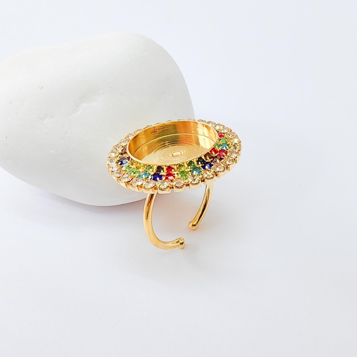 Colored Crystal, Ring Blank Bezel Setting 16mm 24k Shiny Gold G37410