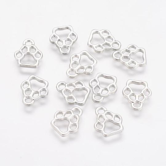 10 Paw Print Charms Antiqued Silver Tone Dog Pendants Connectors Links 13mm