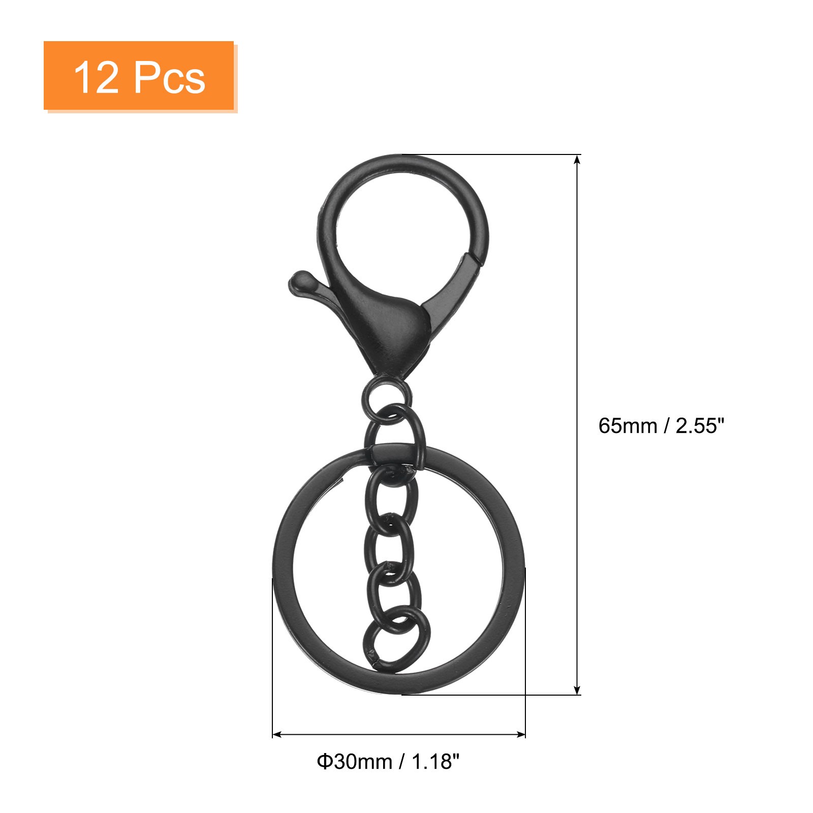 12Pcs Lobster Claw Clasp Keychain with Flat Split Keychain Ring Chain Black