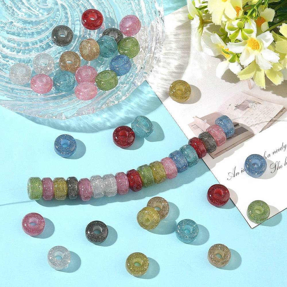 50Pcs Transparent Resin European Beads, Glitter Powder Large Hole Rondelle Beads
