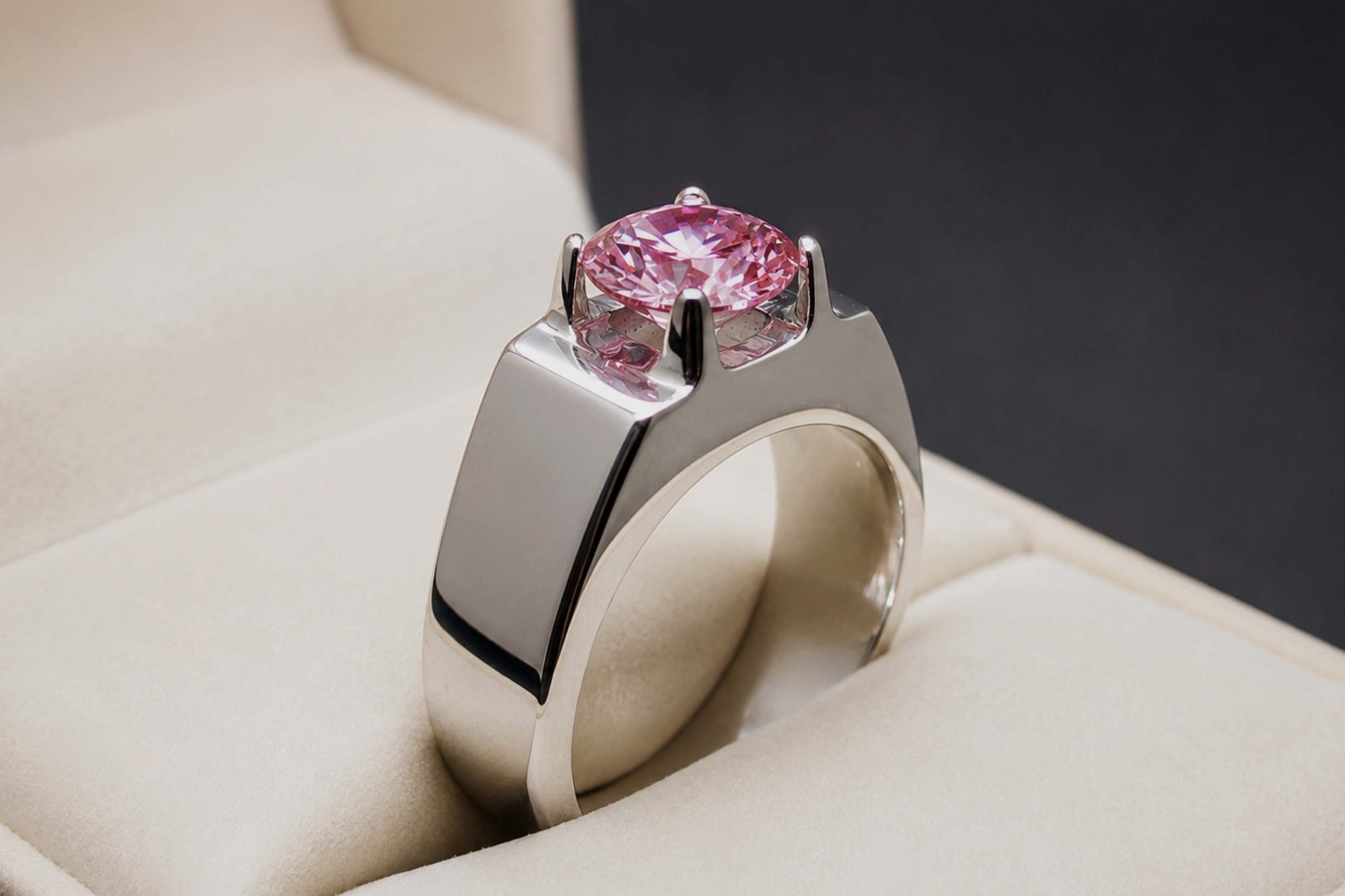 Round Cut 2 Carat Pink Moissanite Diamond 925 Sterling Silver Mens Plain Ring