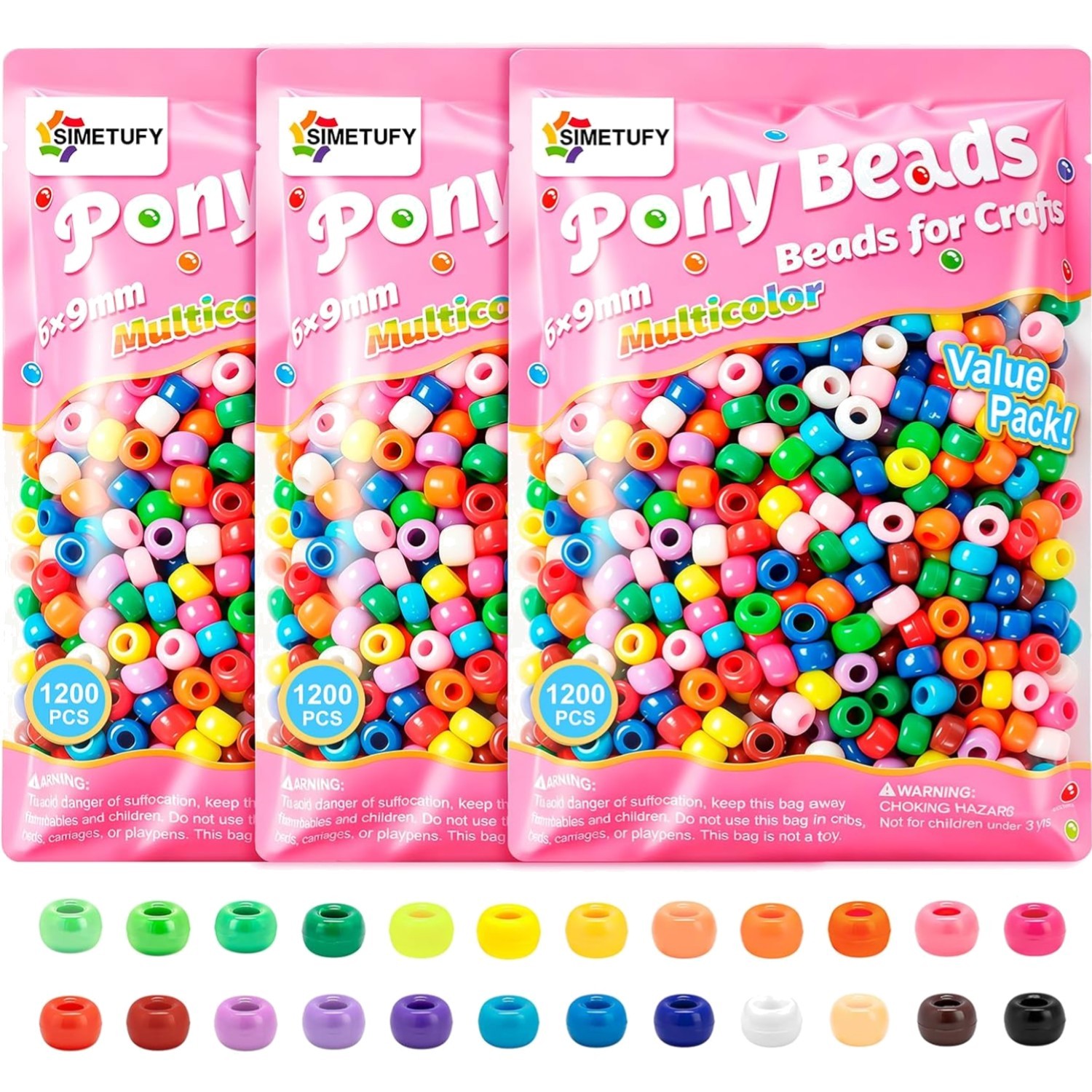 3600Pcs Pony Beads Bulk, 24 Assorted Colors Rainbow Plastic Beads for Hair Br…