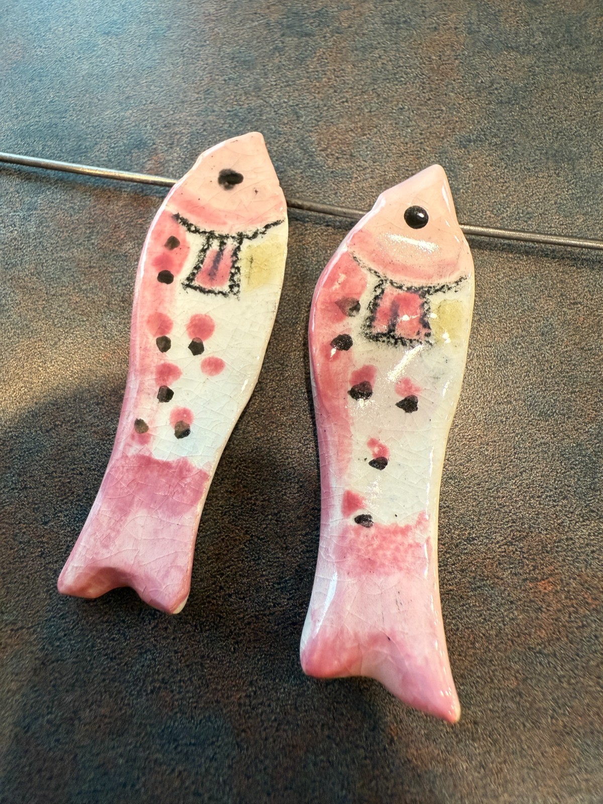 Pendant Artisan Hand Made Set of 2 Ceramic Pink Fish with Glossy Glaze