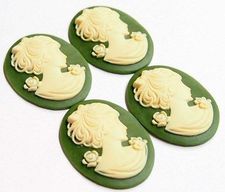 4 of 40x30mm Cream over Green Victorian Art Deco Shy Short Hair Women Cameos