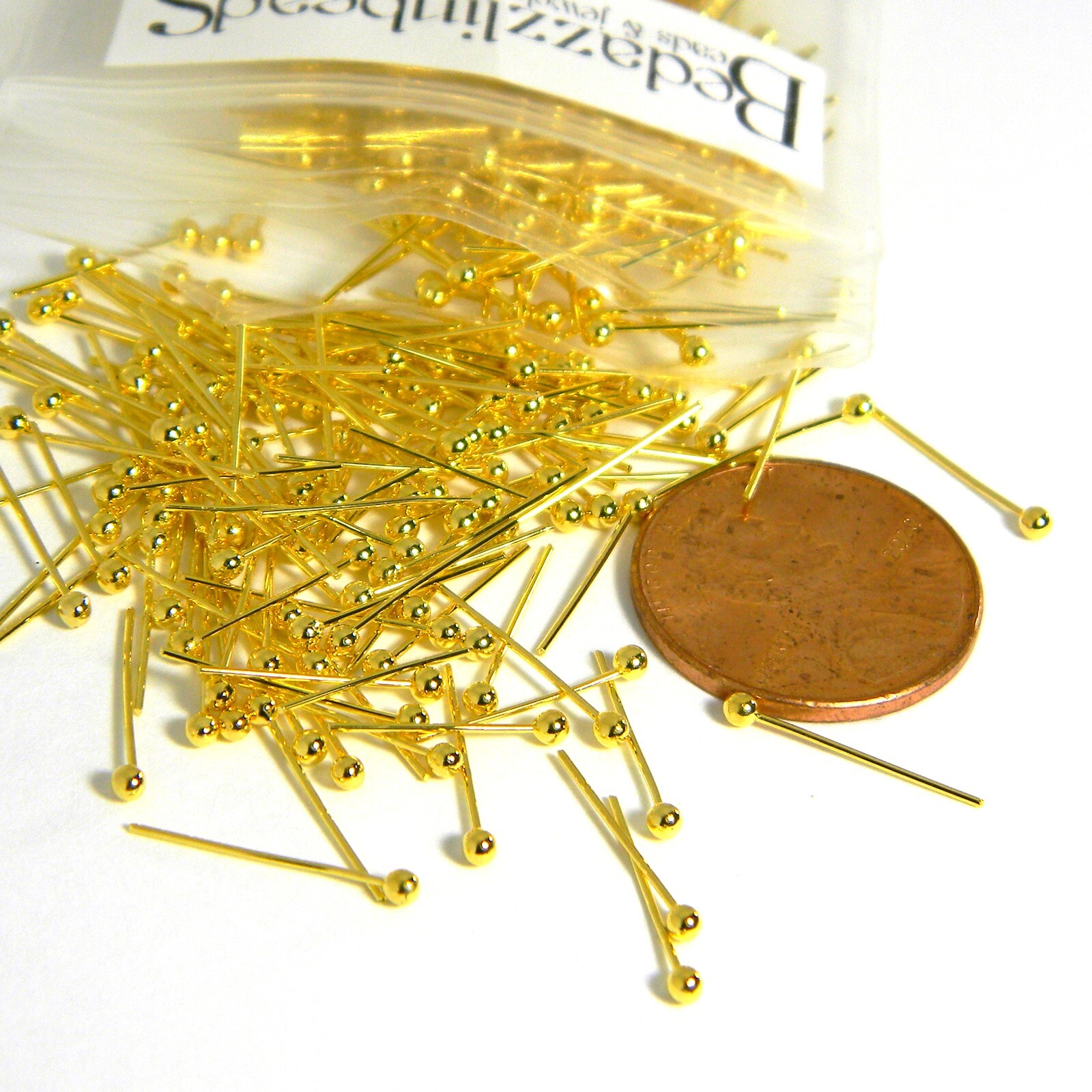 100 Gold Plated Brass 14mm Long 24 Gauge 0.51mm Headpins with 1.8mm Round Ball