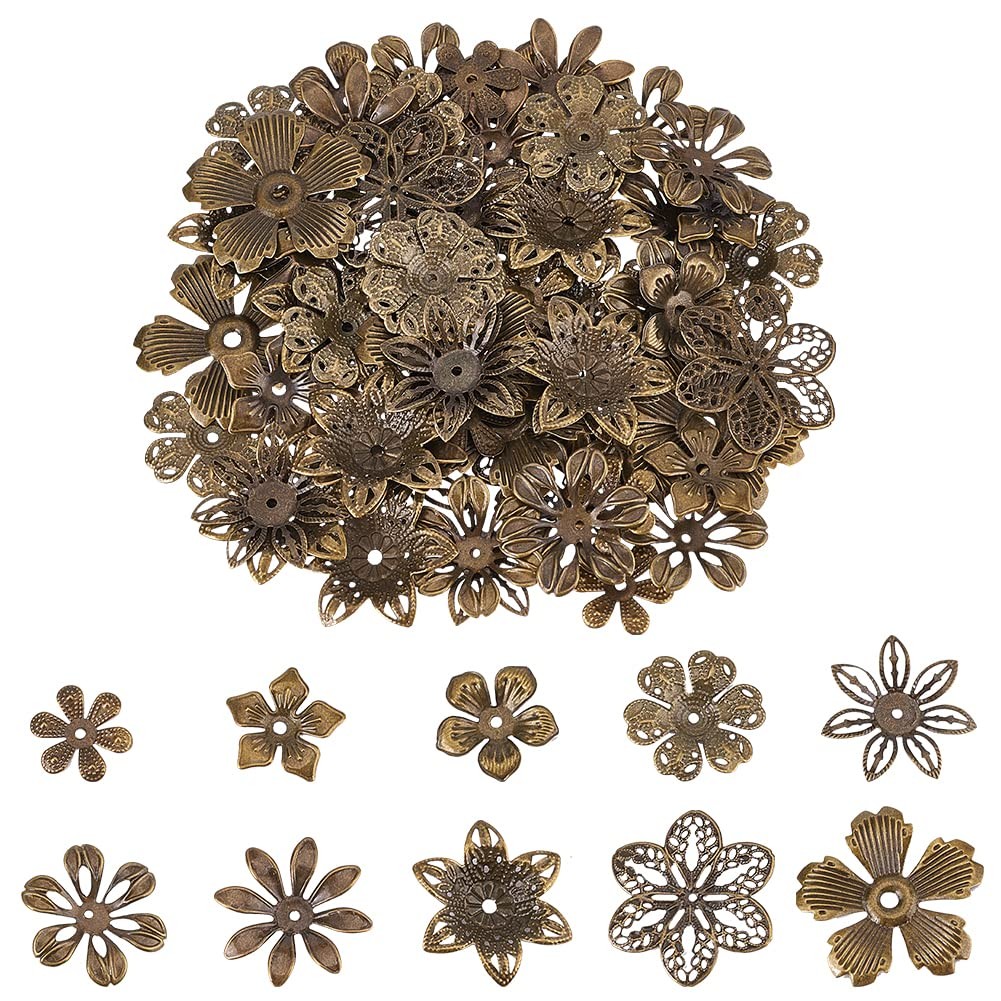 PandaHall 200pcs Flower Spacer Beads, 10 Styles Iron Flower Bead Cap Filigree…