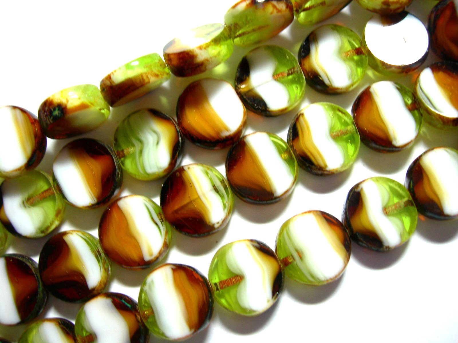 19 11mm Green, Brown, White Square Window cut Czech Beads