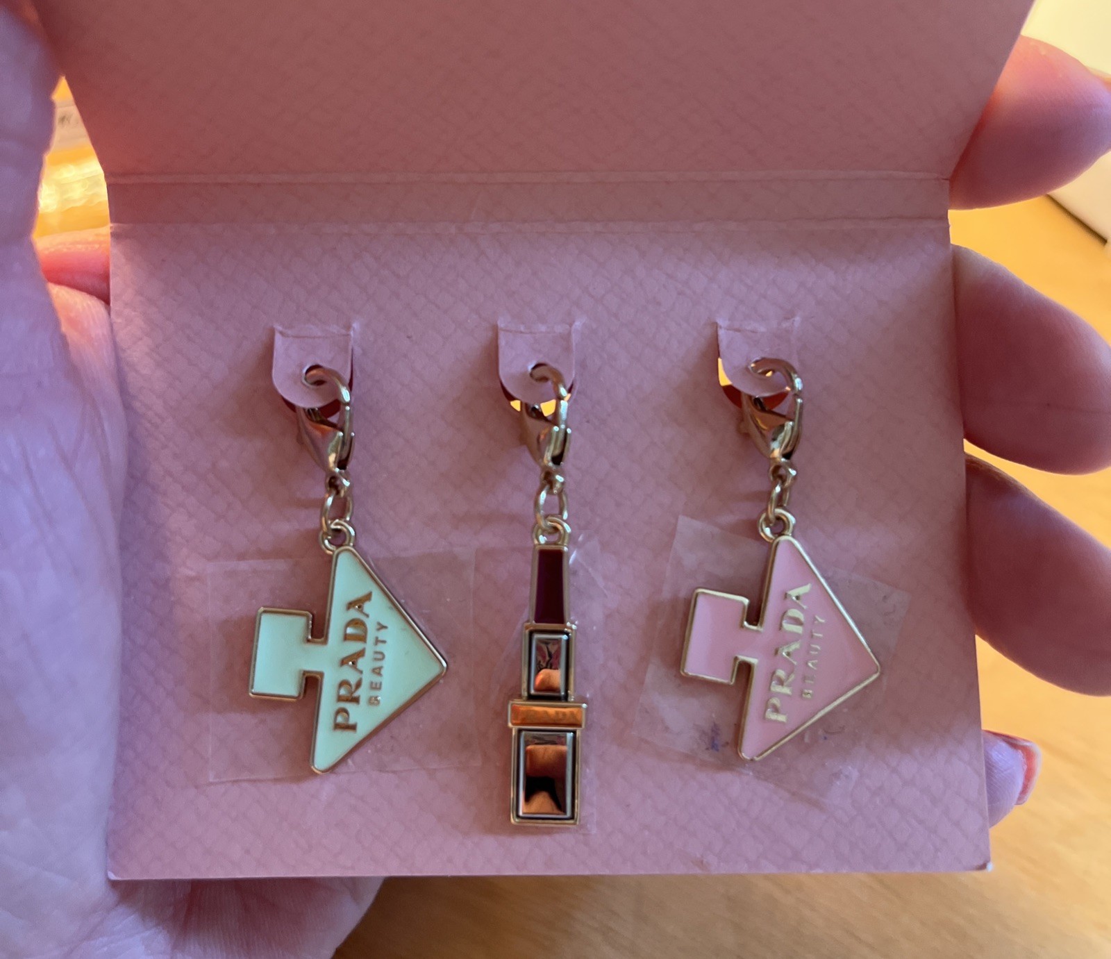 3 Prada Beauty Charms/Pendants Shaped in Iconic Fragrance Bottle & Lipstick