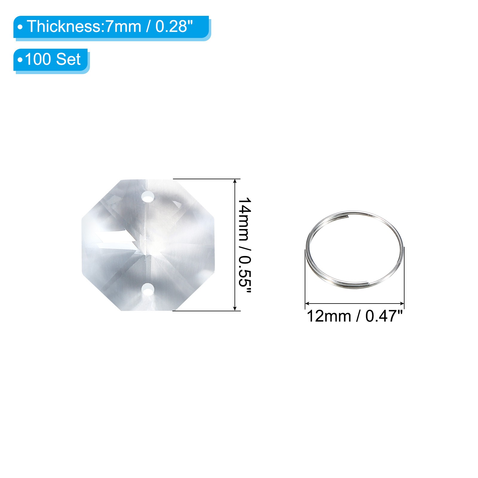 100 Pack K9 Crystal Octagon Beads 2 Holes Pendants with Ring 14mm Clear