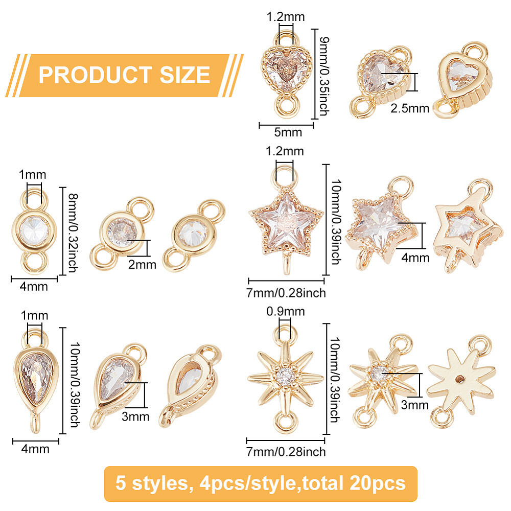 1box 20pcs 5 style Flat Round Star Brass Micro Pave Cubic Zirconia Links golden