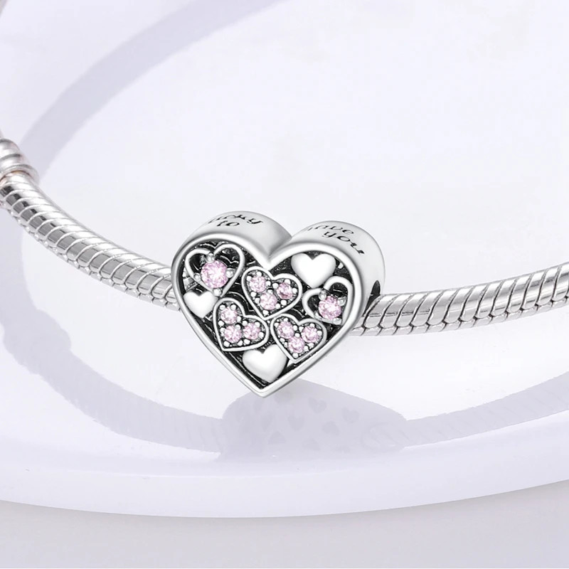 925 Sterling Silver Charm Beads Family Sister Love Heart Pendant DIY Bracelet