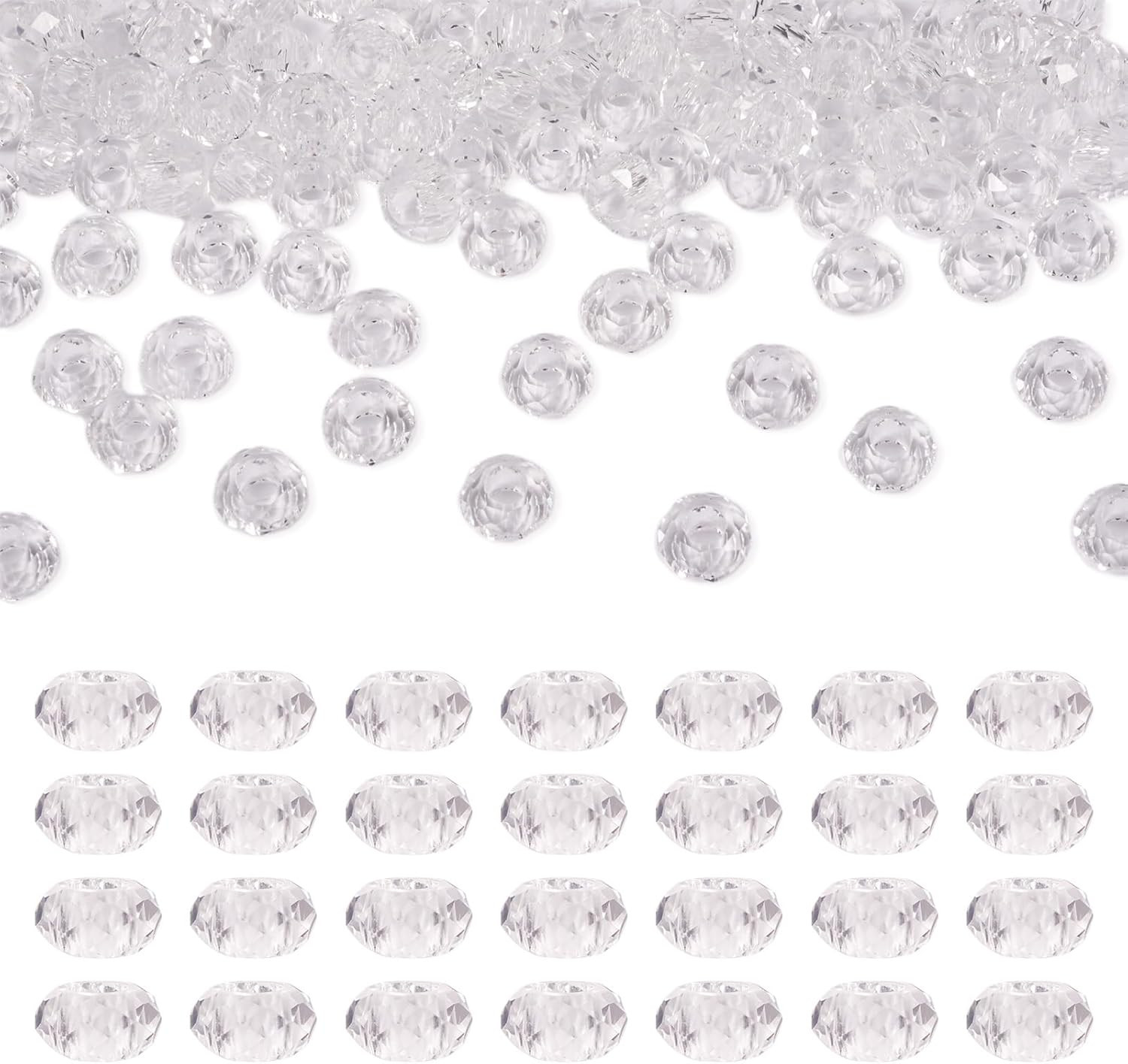 KISSITTY 100Pcs Clear Glass Faceted European Beads Bulk Crystal Large Hole Loose
