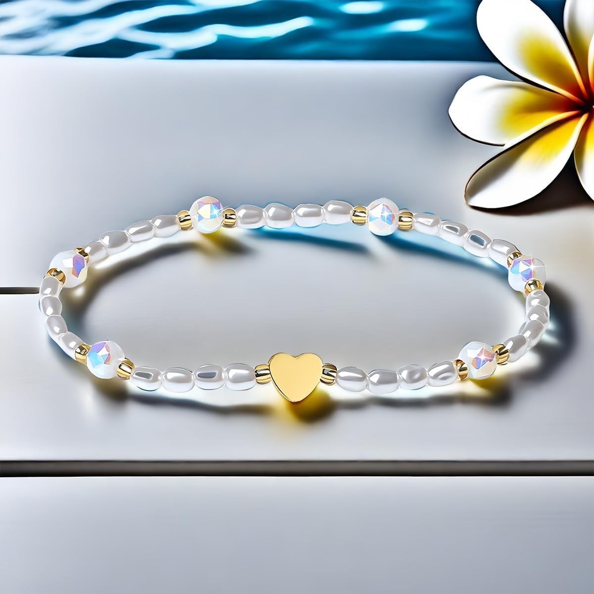 Handmade Original Gold Heart Austrian Crystal 4mm Pearl Stretch Jewelry Bra – 10