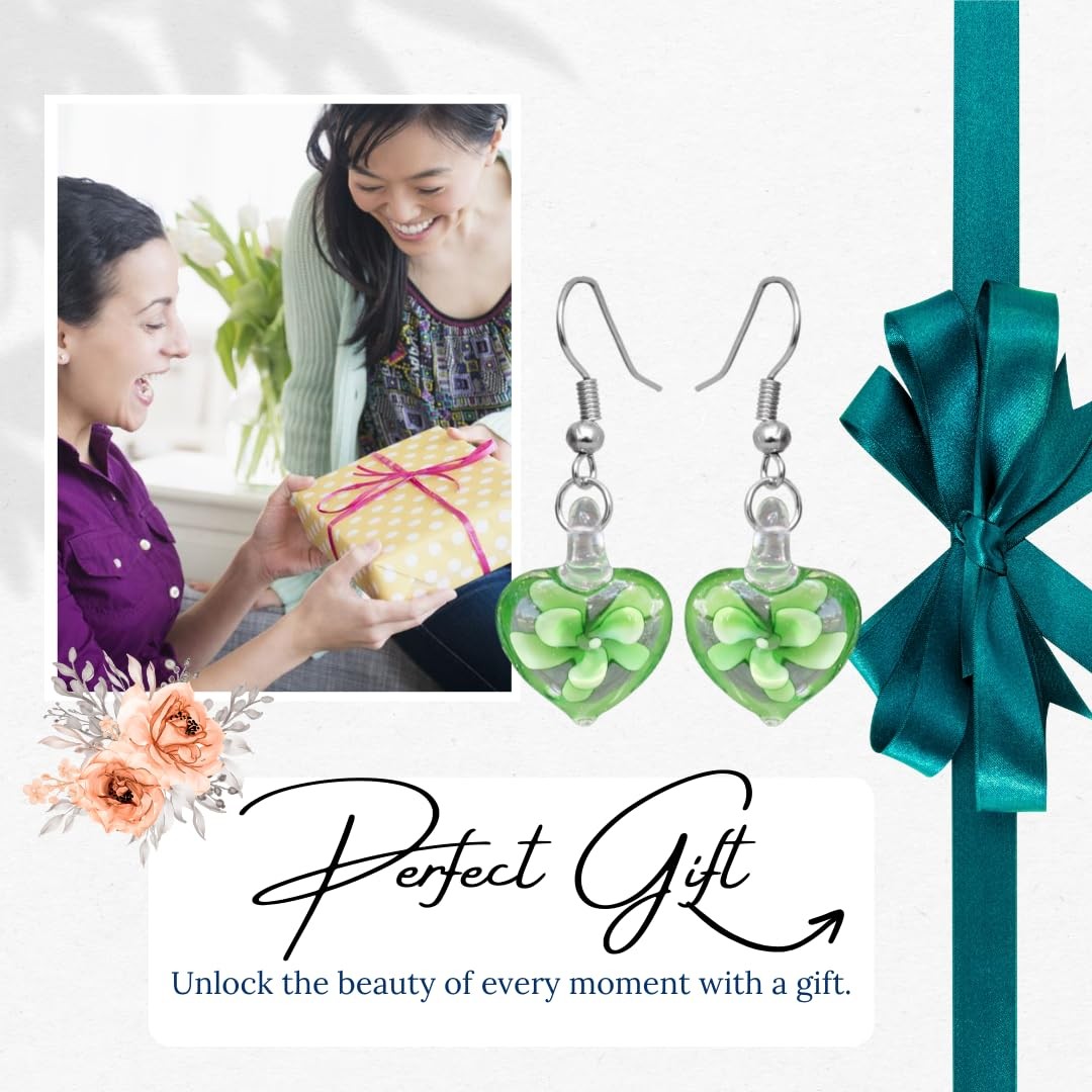 Handmade Murano Inspired Gorgeous Artist Made Green Heart Glass Earrings by Hand