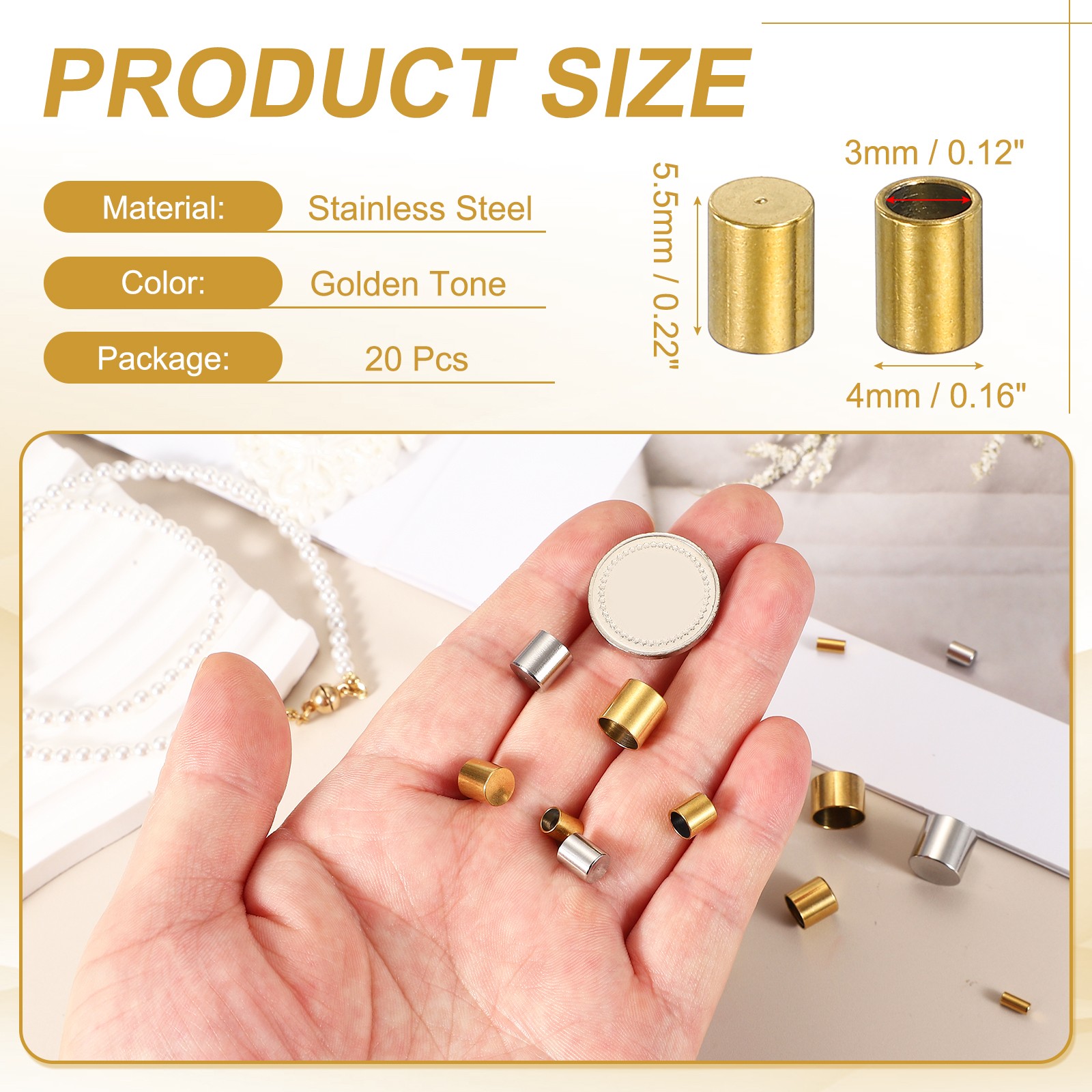 20Pcs 3mm Dia Stainless Steel Rope End Caps Golden Tone