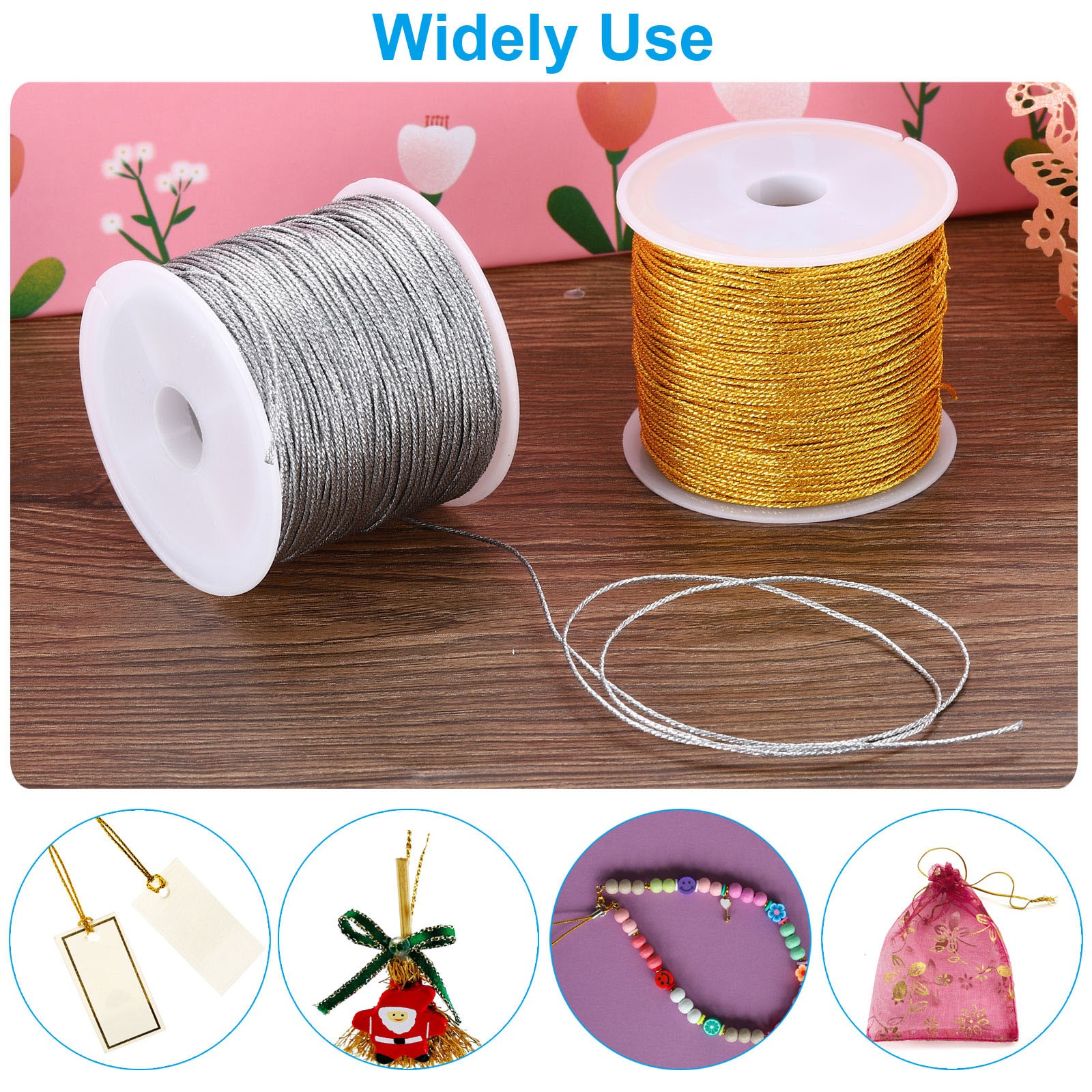 100m/109yards Metallic Cord 1 Roll 0.3mm Dia Tinsel Ornament String Thread Gold