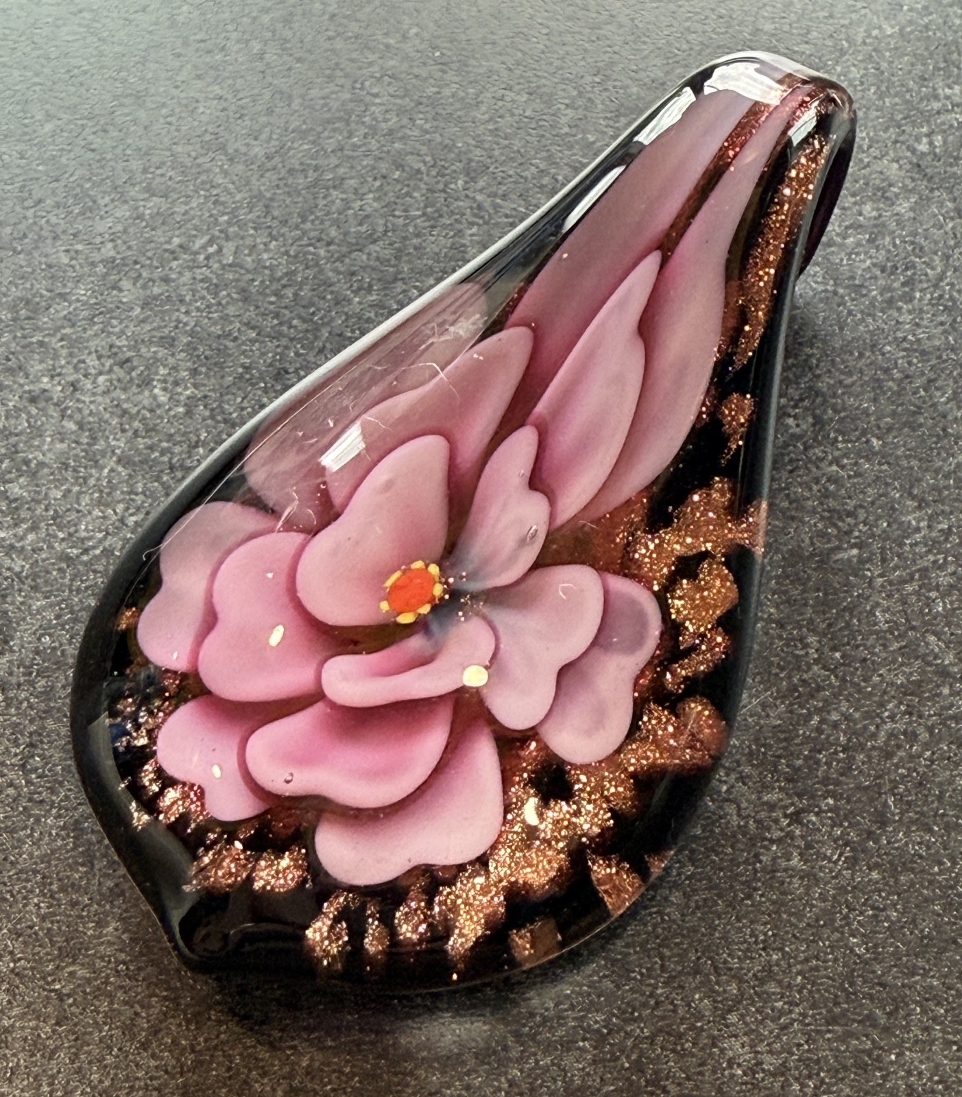 Hand Made Artisan Glass Pendant Flower Coppery Pink for Crafting Jewelry