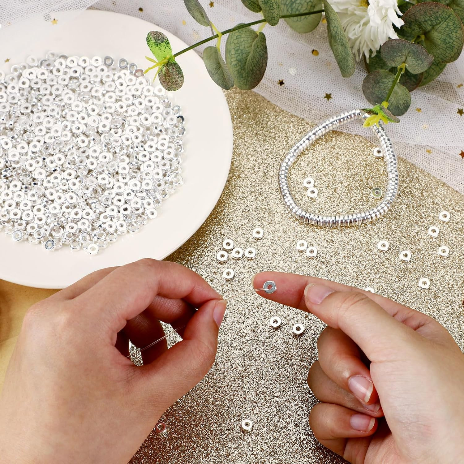 Spacer Beads, 1500Pcs 6Mm Flat round Spacer Beads Disc Loose Beads for Jewelry M