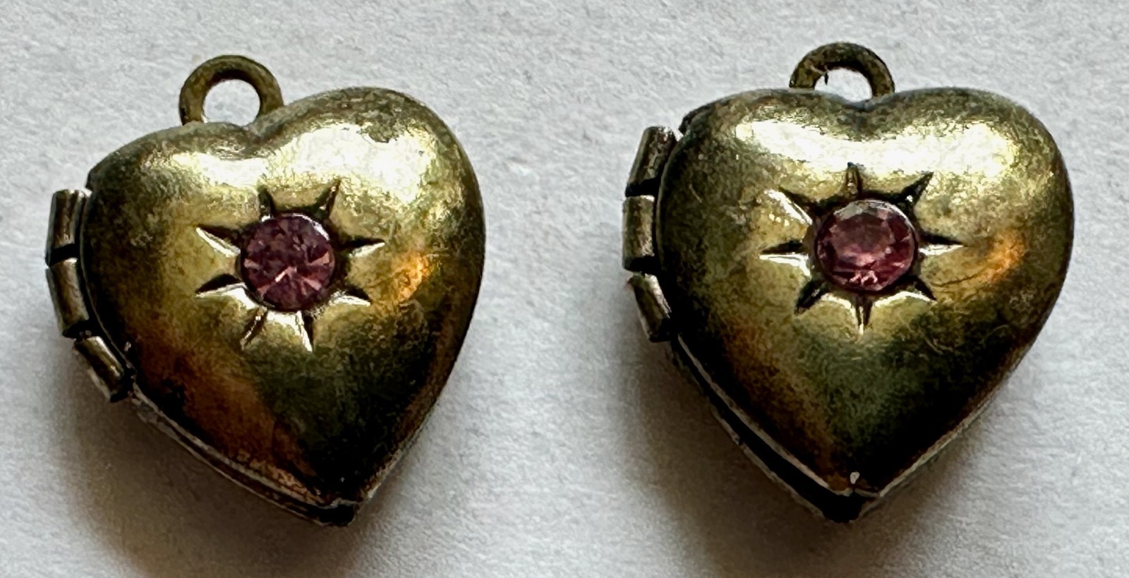 Vintage style lot 6 locket 3 pairs brass heart & round lockets crystal 1/2 of 1″