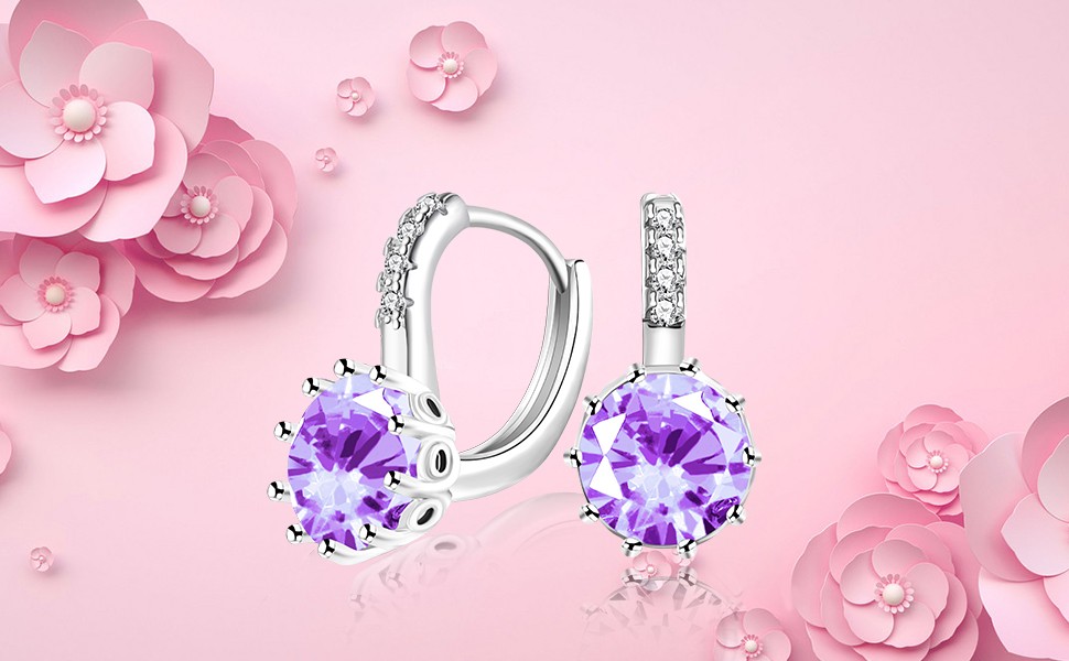 Platinum Plated Round CZ Lever Back Earrings Purple Crystal Birthstone Earrings