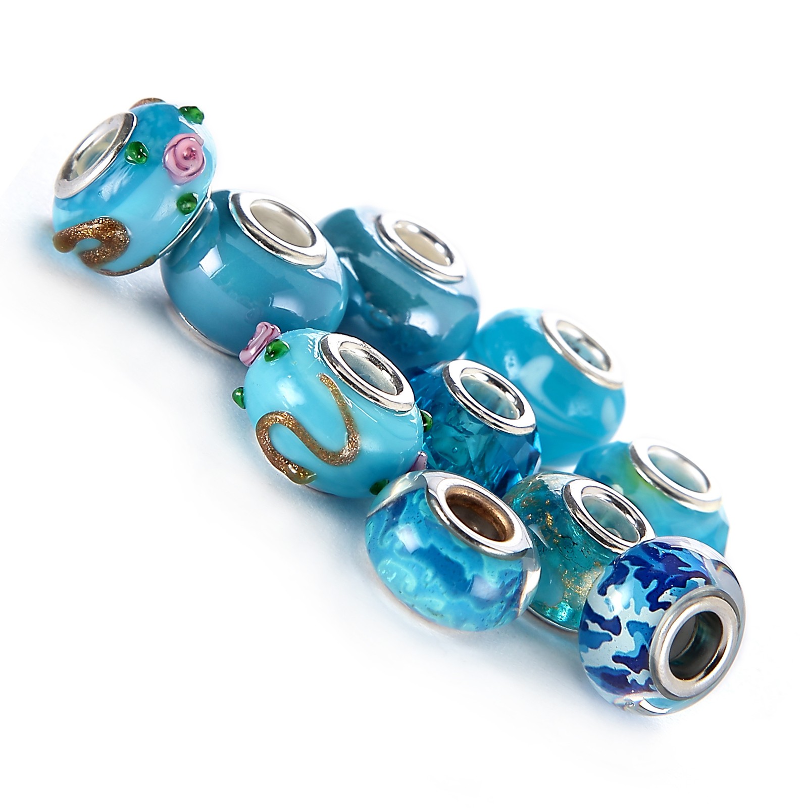 Mix Silver Plate Aquamarine Theme Murano Lampwork European Glass Crystal Beads