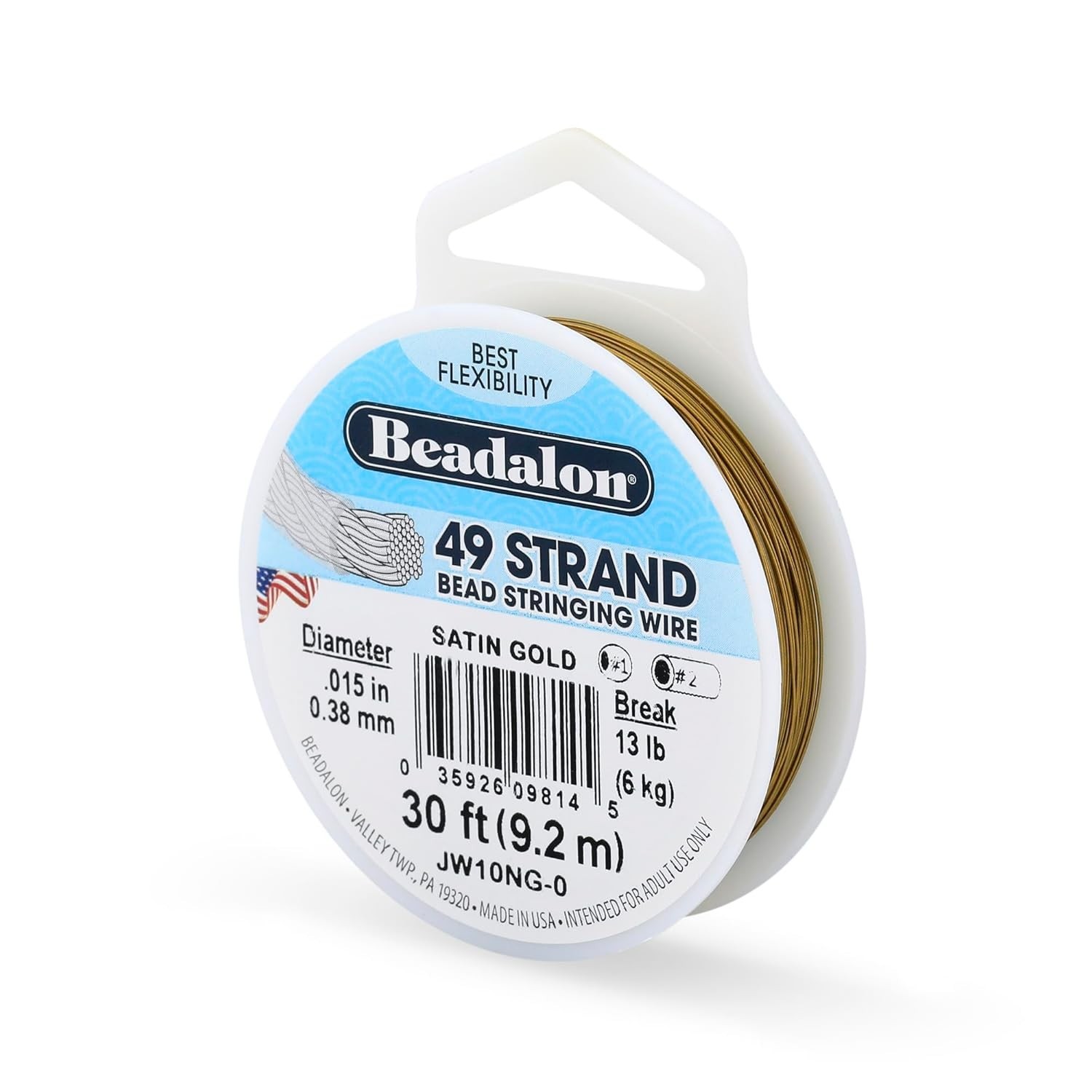 49 Strand Stainless Steel Bead Stringing Wire, .015 in / 0.38 mm, Satin Gold,…
