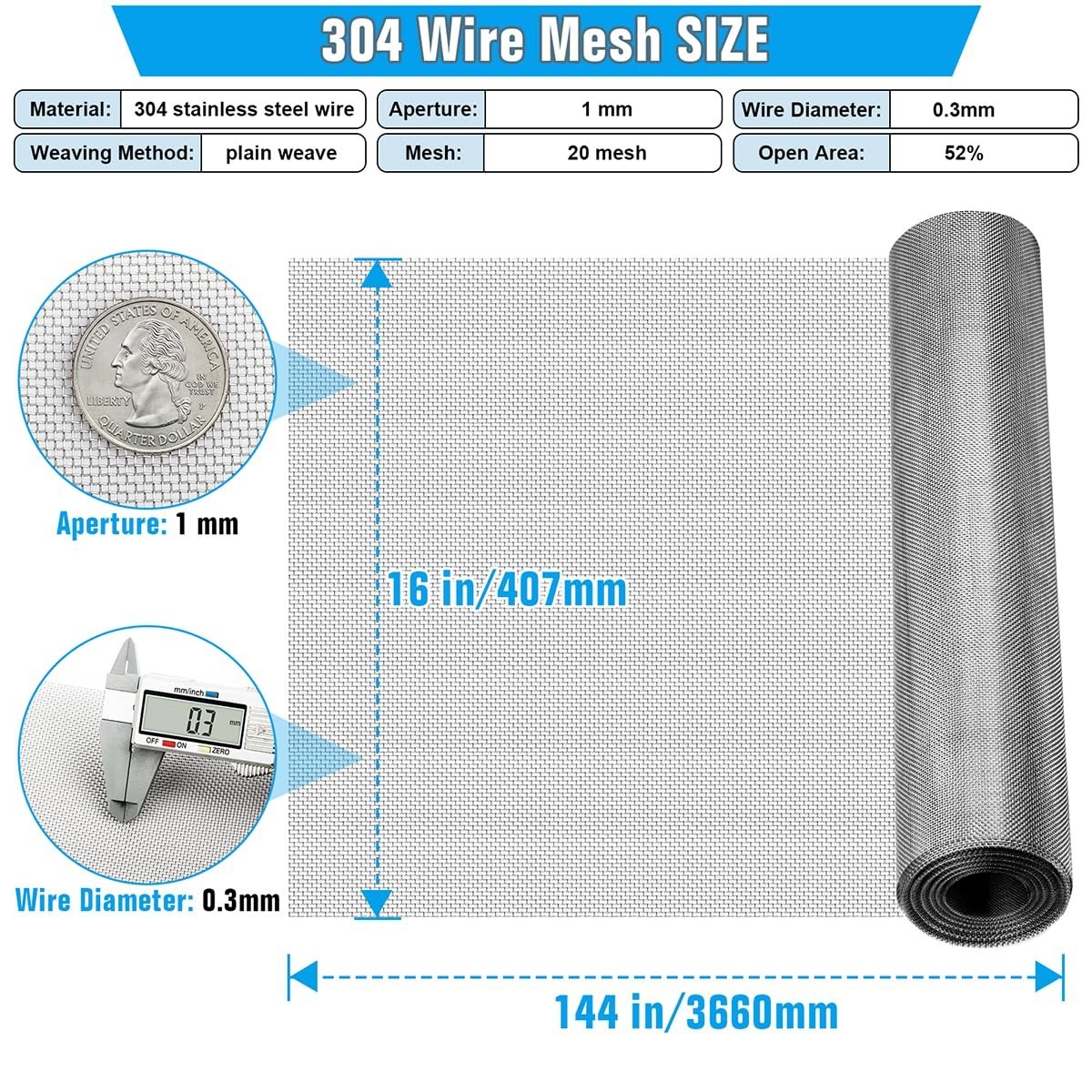 16″ x 144″ Stainless Steel Woven Mesh – Durable Airflow Screen for Various Uses