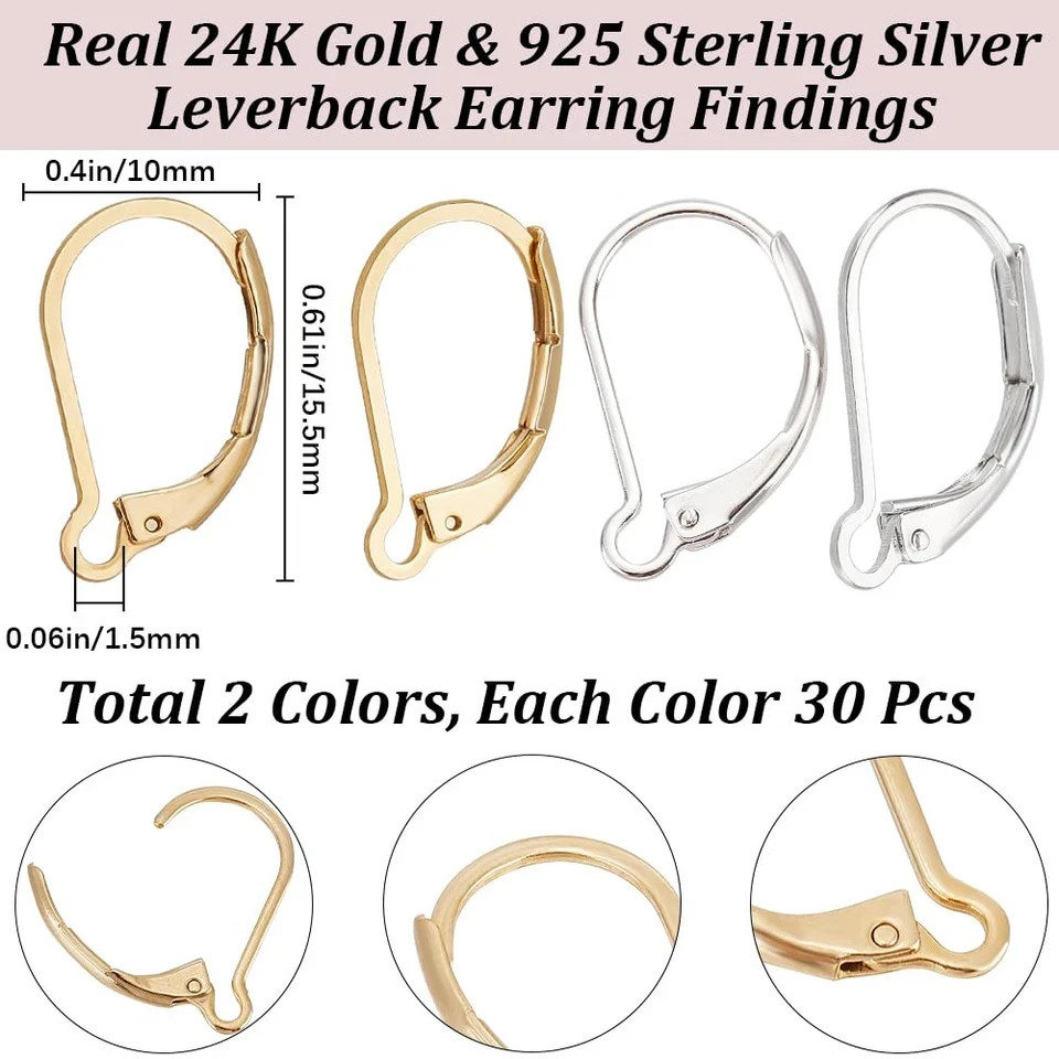 1 Box 60Pcs Leverback Earring Findings 24K Gold & 925 Sterling Silver Plated …