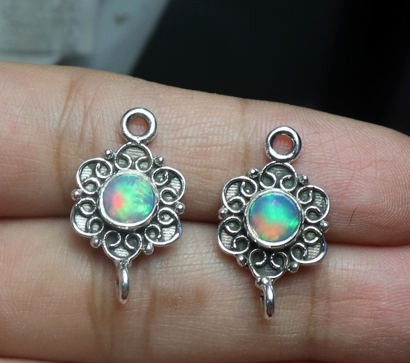 fire opal connector for earring making jewelry links sterling silver with opal
