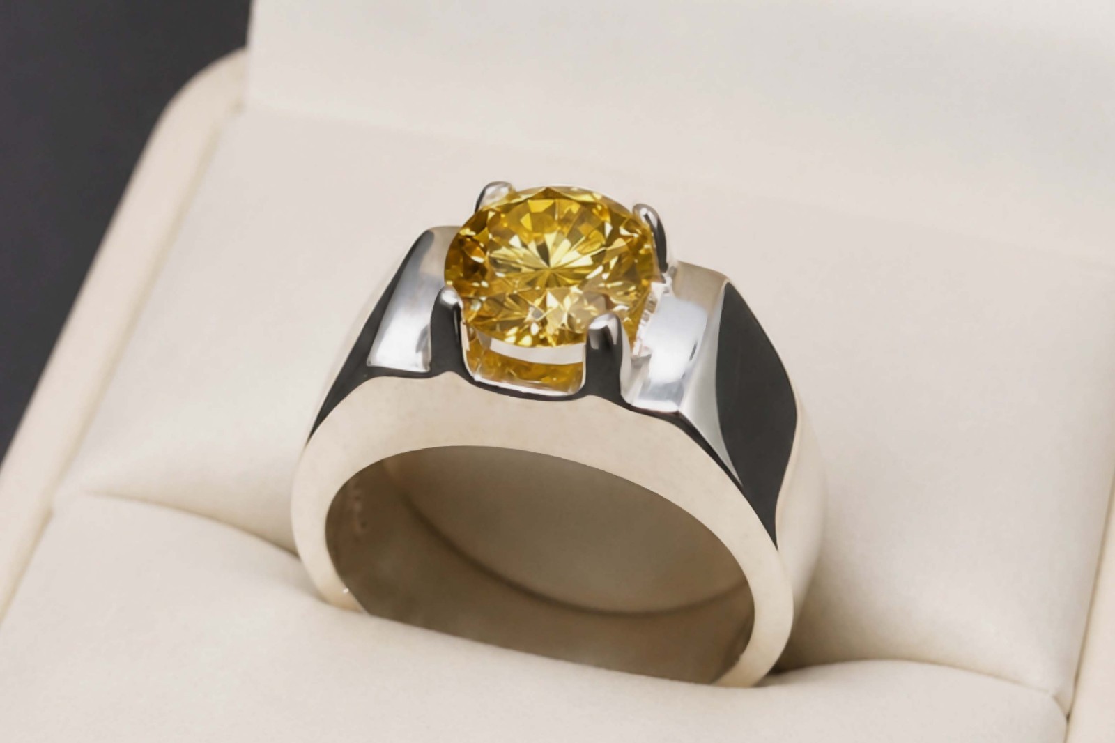 Round Cut 2 Ct Golden Moissanite Diamond 925 Sterling Silver Mens Plain Ring