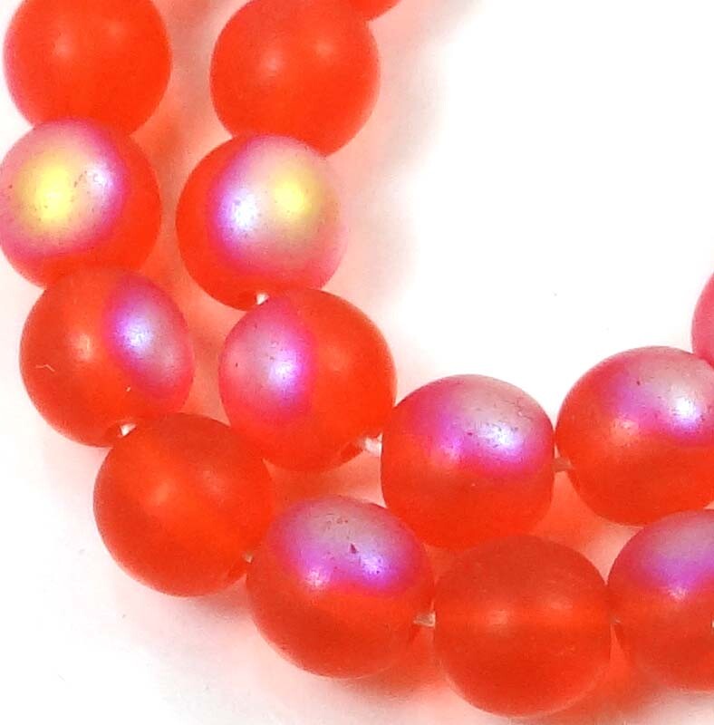 50 Czech Frosted Sea Glass Round Beads – Matte AB Hyacinth orange moonstone 6mm