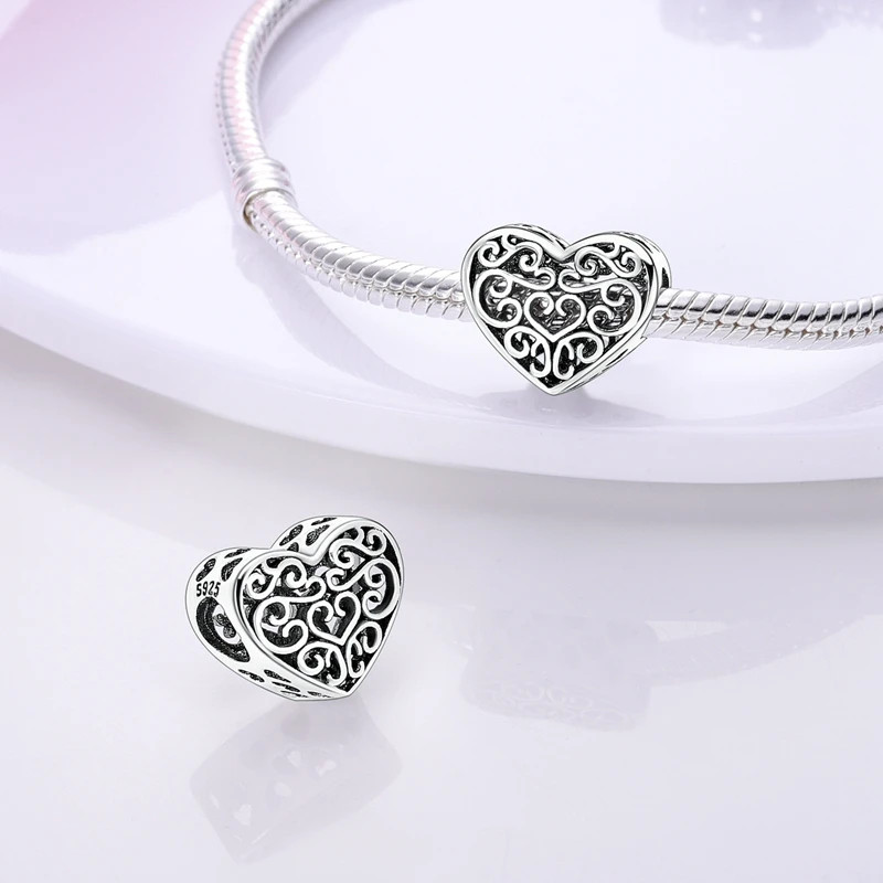 925 Sterling Silver Charm Beads Family Sister Love Heart Pendant DIY Bracelet