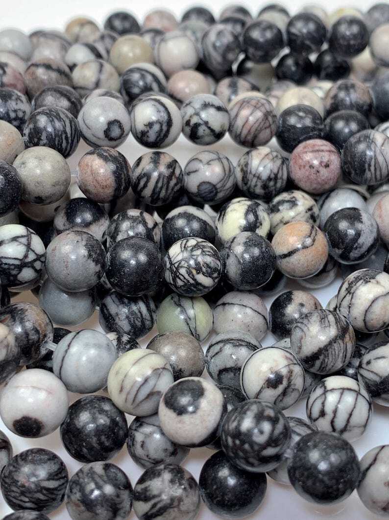 Natural Black Spider Web Stripes Jasper Smooth Round Beads 15.5″ Strand Gemstone