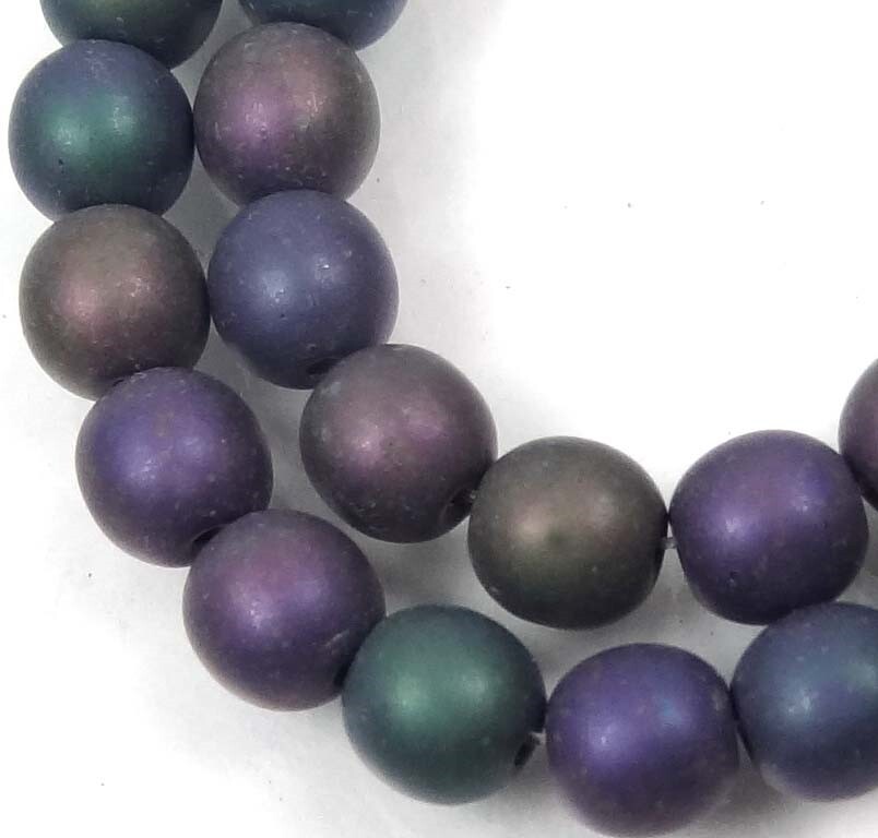 50 Czech Frosted Sea Glass Round Beads – Matte Iris Purple 6mm