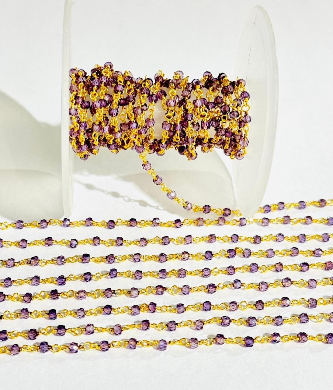 3mm Amethyst Zirconia beads bulk roll chain, gold plated jewelry making rosary