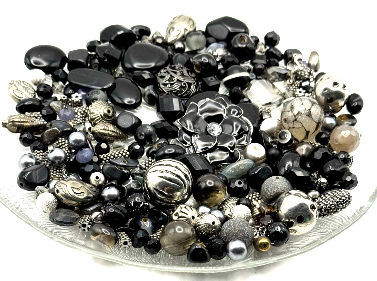 1.4 lb. Lot Vintage Modern BLACK/SILVER/GRAY Bead Soup Mixed Loose Beads Spacers