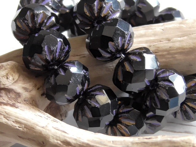 8 – 10x7mm CZECH OPAQUE JET BLACK, BRONZE PURPLE WASH FACETED CRULLER GLASS BEAD