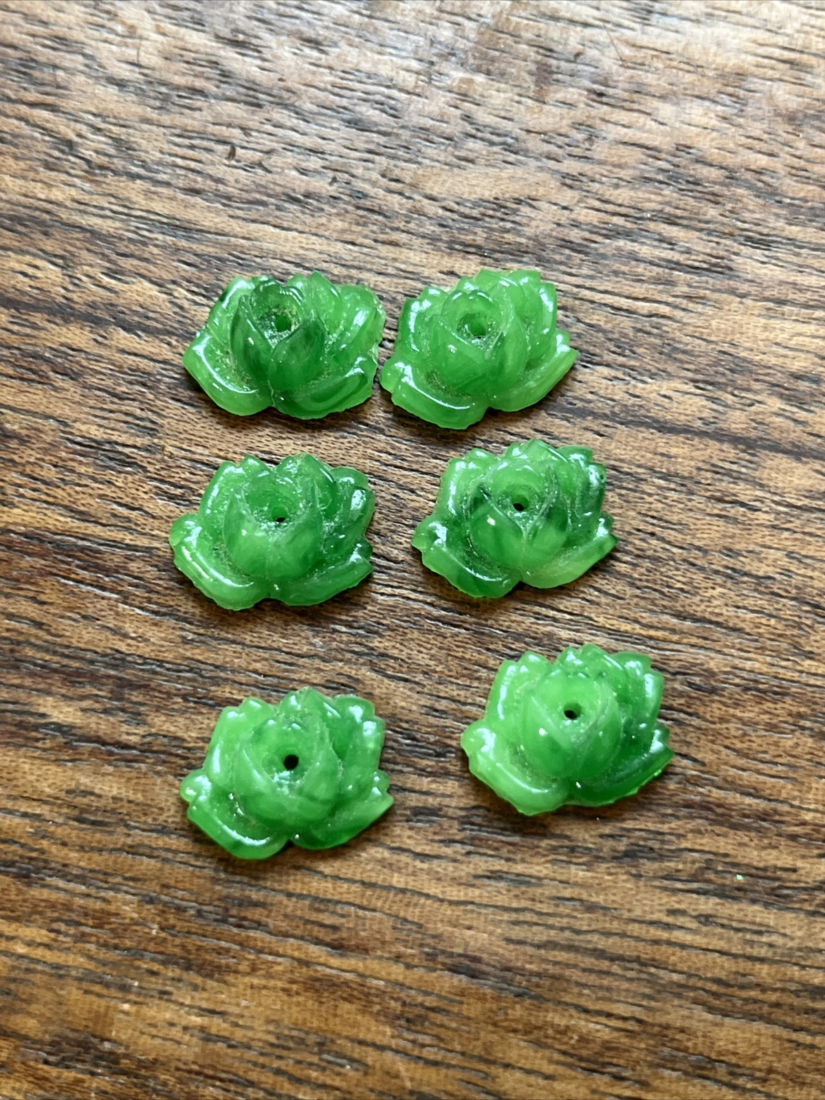 Art Deco Antique Peking Flower Glass Molded Cabochon Beads Set Of 6