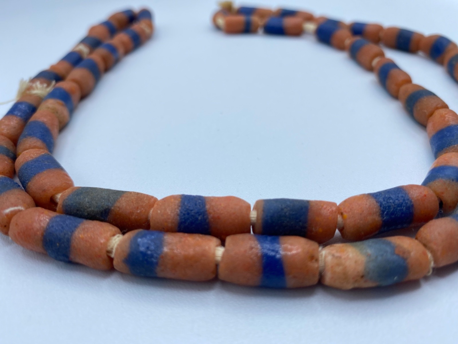 Strand of Blue Orange Striped Powder Glass Beads Ghana Africa