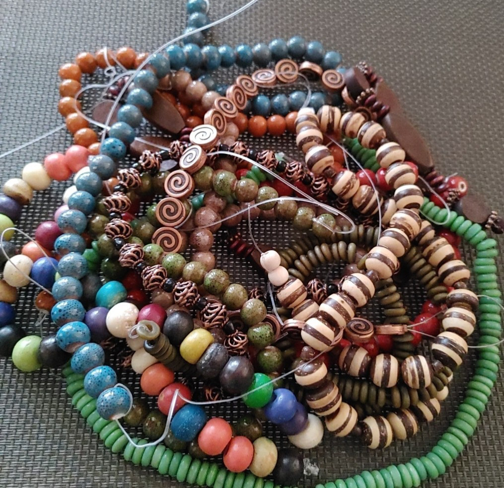 12 Strands Ceramic Wood Glass Copper Tone Beads Multicolored Earth Tones