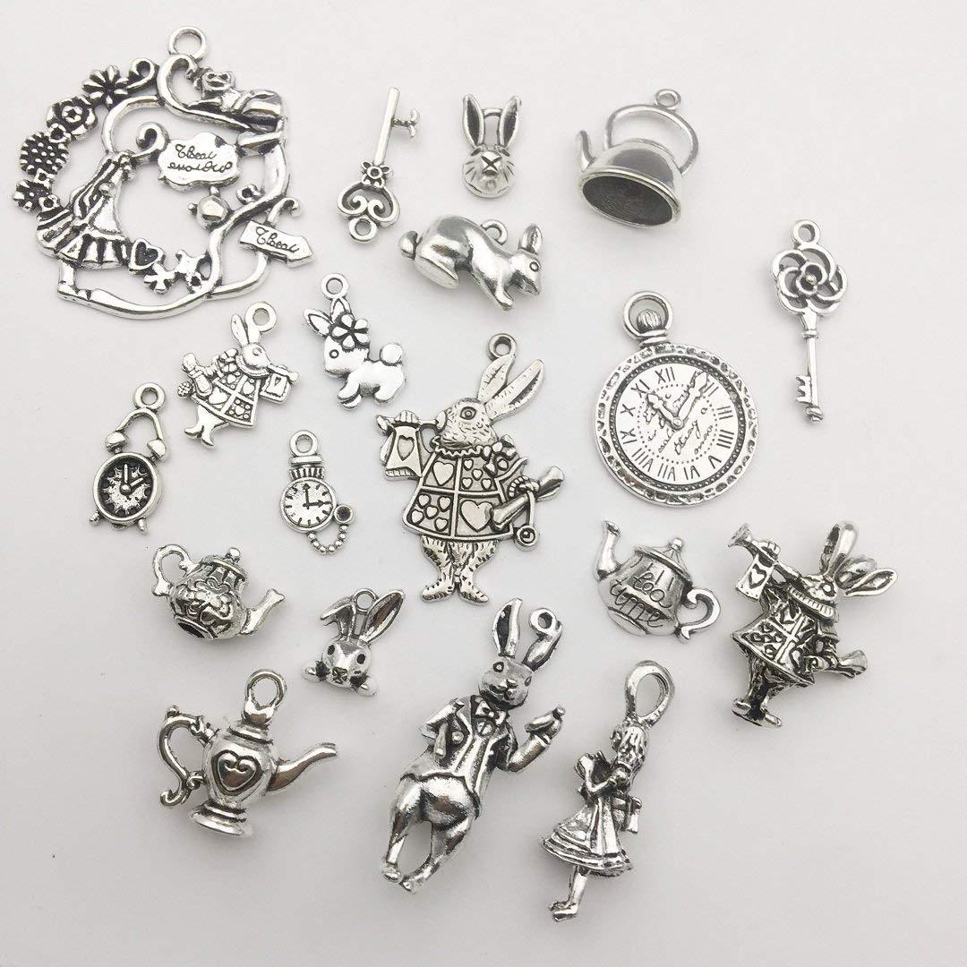 Alice in Wonderland Charms Set Antiqued Silver Themed Pendants Fairy Tale 40pcs