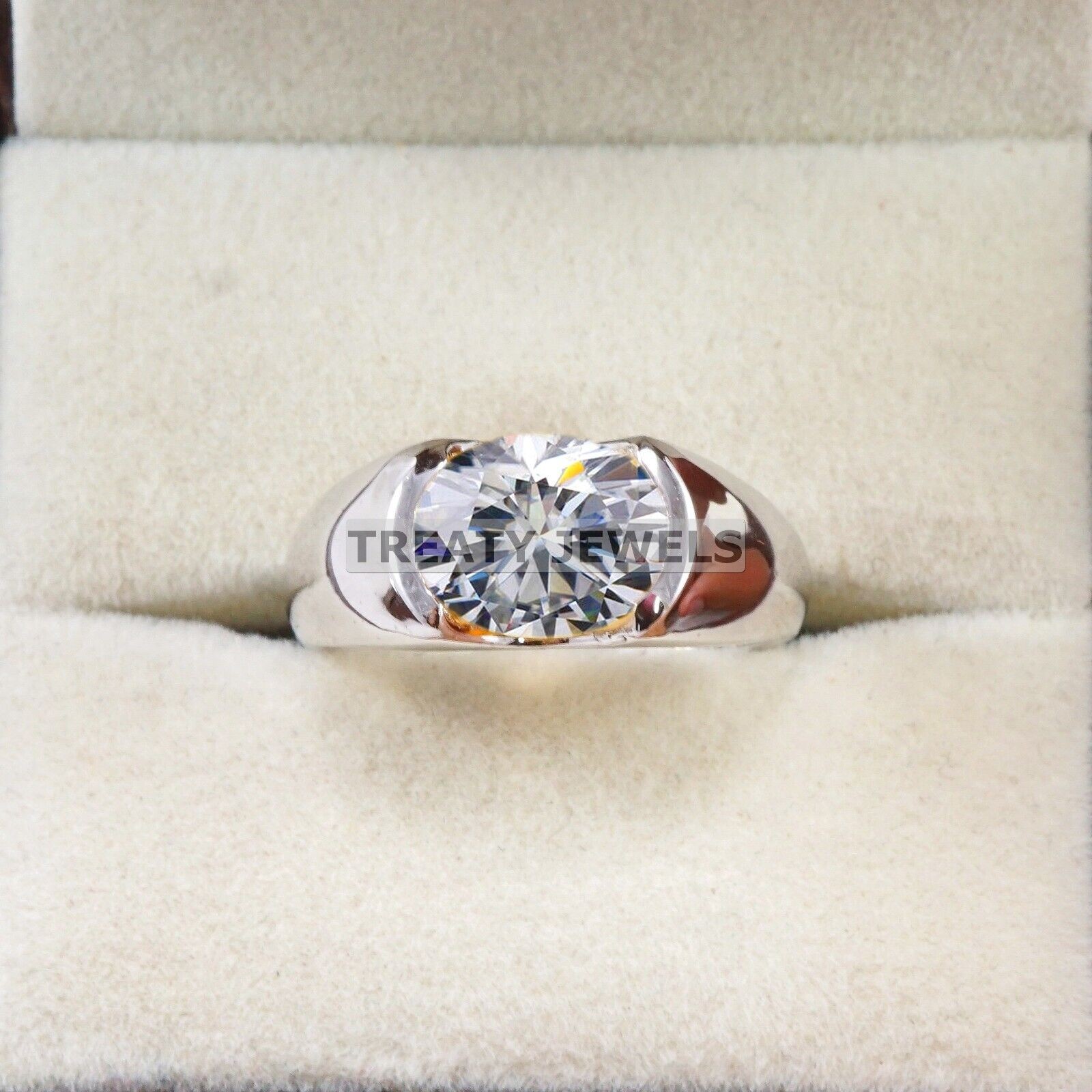 Moissanite Oval Cut Gemstone With Solid 14K White Gold Ring For Men’s #B306 #