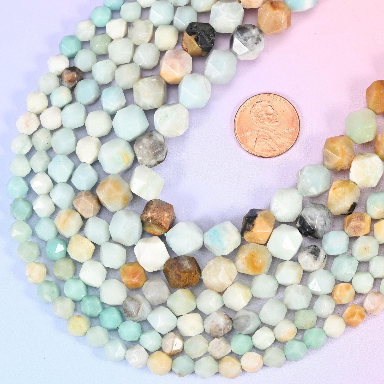 Multi-Color Amazonite Beads: Faceted Diamond Star Cut, 6-10mm, 15.5 inch Strand