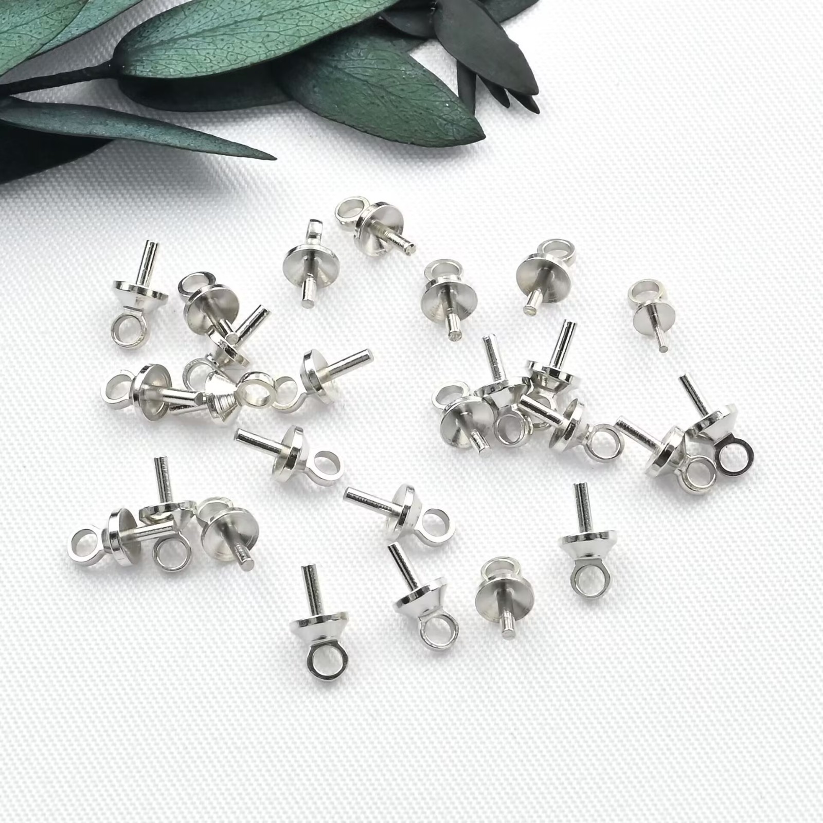 100 Silver Tone Eye Pin Pendant Connector Bail For Half-Drilled Pearl with 3mm